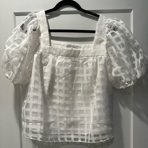 English Factory Grid Pattern Puff Sleeve Organza Top